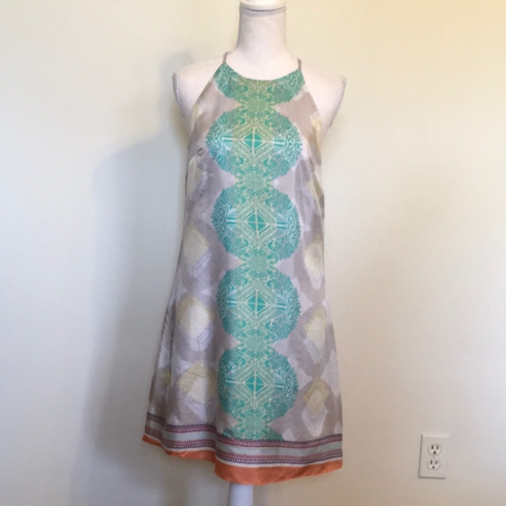 Aryn K Medallion Print 100% Silk Halter Mini Dress